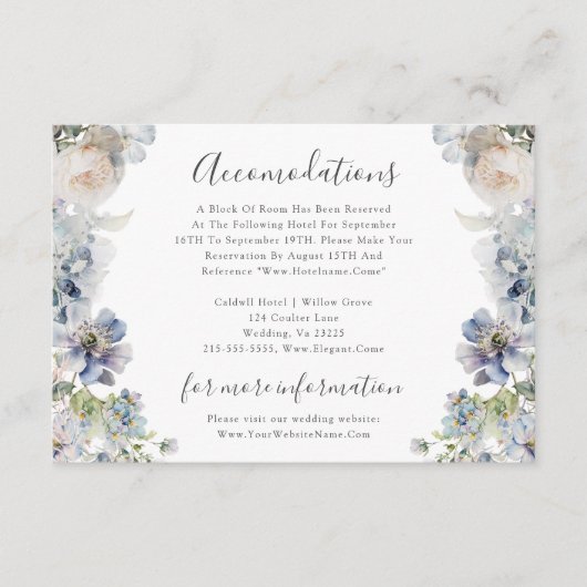 ダスティーエレガントブルーフローラ結婚ズアコモデーション エンクロージャーカード (正面)