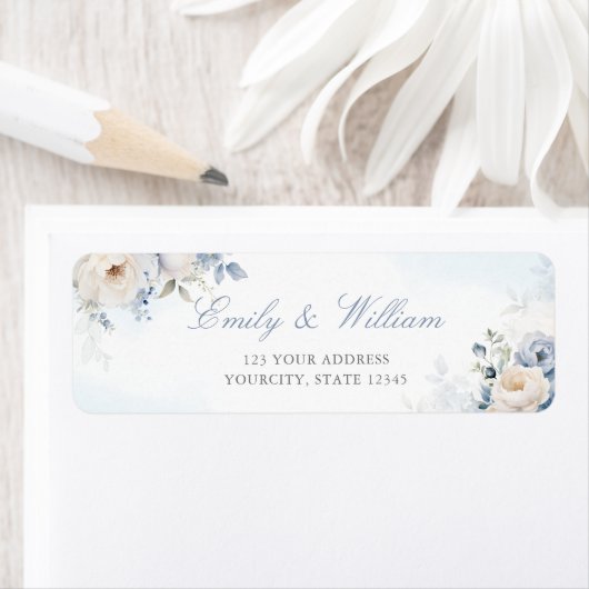 ダスティーエレガントブルーフローラ結婚ズ差出人住所 ラベル (インサイチュ)