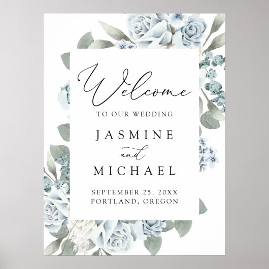 ダスティーエレガントブルーフローラ結婚ズ・ウェルカム ポスター (正面)