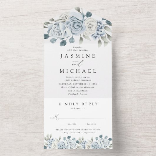 ダスティーエレガントブルーフローラ結婚ズ オールインワン招待状 (内側)