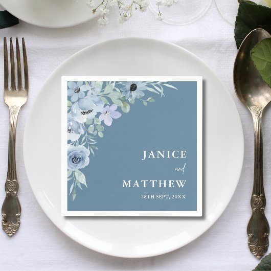 ダスティーエレガントブルーフローラ結婚ズ スタンダードカクテルナプキン