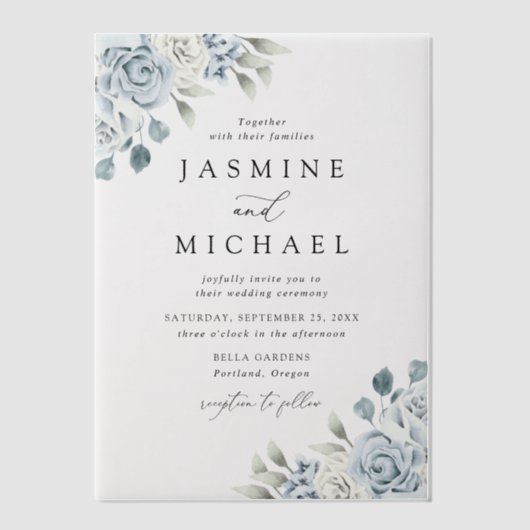 ダスティーエレガントブルーフローラ結婚ズ ベラム紙招待状 (正面)