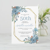 ダスティーエレガントブルーフローラ50th誕生日招待状 招待状 (スタンド正面)