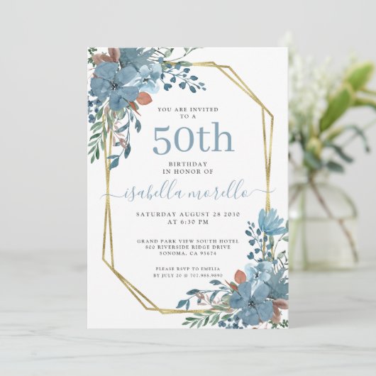 ダスティーエレガントブルーフローラ50th誕生日招待状 招待状 (スタンド正面)