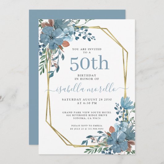 ダスティーエレガントブルーフローラ50th誕生日招待状 招待状 (正面/裏面)
