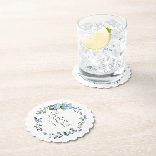 ダスティーエレガントブルーフローラ60th誕生日カスタム ペーパーコースター (インサイチュ)