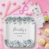 ダスティーエレガントブルーフローラ70th誕生日カスタム ペーパープレート (パーティー)