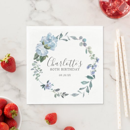 ダスティーエレガントブルーフローラ80th誕生日カスタム スタンダードランチョンナプキン (インサイチュ)