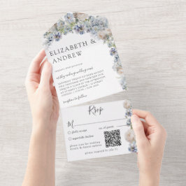 ダスティーエレガントブルーフローラQRコード オールインワン招待状