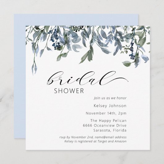 ダスティーエレガントブルーブライダルシャワー 招待状 (正面/裏面)