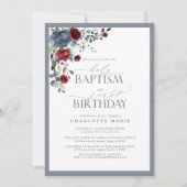 ダスティーエレガントブルーブルゴーニュバプテスマの第一誕生日 招待状 (正面)