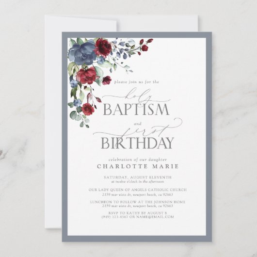 ダスティーエレガントブルーブルゴーニュバプテスマの第一誕生日 招待状 (正面)