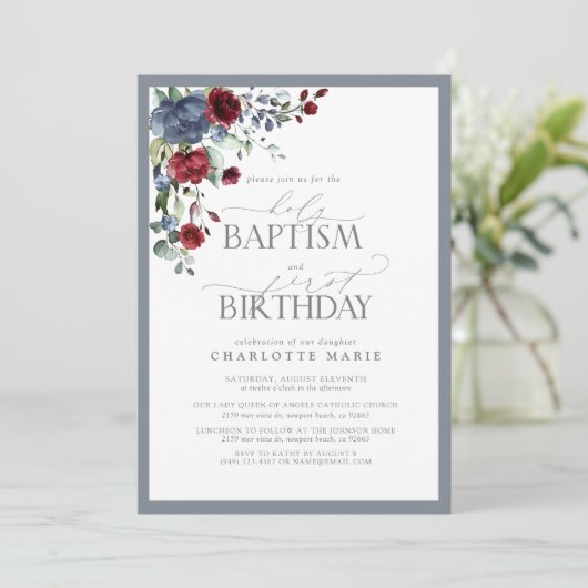 ダスティーエレガントブルーブルゴーニュバプテスマの第一誕生日 招待状 (スタンド正面)