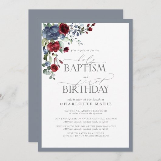 ダスティーエレガントブルーブルゴーニュバプテスマの第一誕生日 招待状 (正面/裏面)