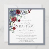 ダスティーエレガントブルーブルゴーニュフローラベビーバプテスマ 招待状 (正面)