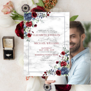 ダスティーエレガントブルーブルゴーニュフローラ写真結婚s 招待状