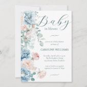 ダスティーエレガントブルーベビーイン開花ガールベイビーシャワー 招待状 (正面)