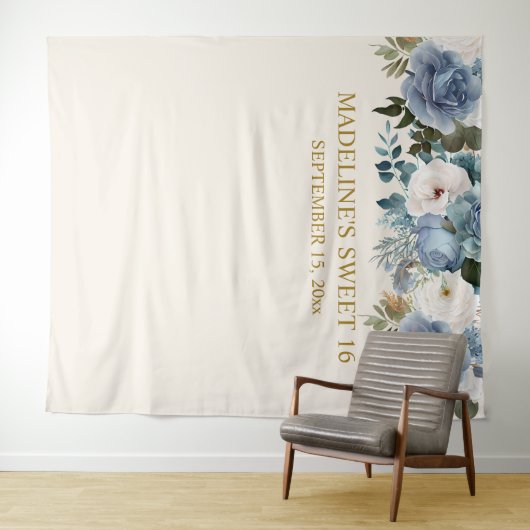 ダスティーエレガントブルーホワイトフローラ甘い16写真 タペストリー (インサイチュ(横))