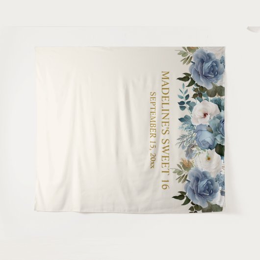 ダスティーエレガントブルーホワイトフローラ甘い16写真 タペストリー (正面(横))