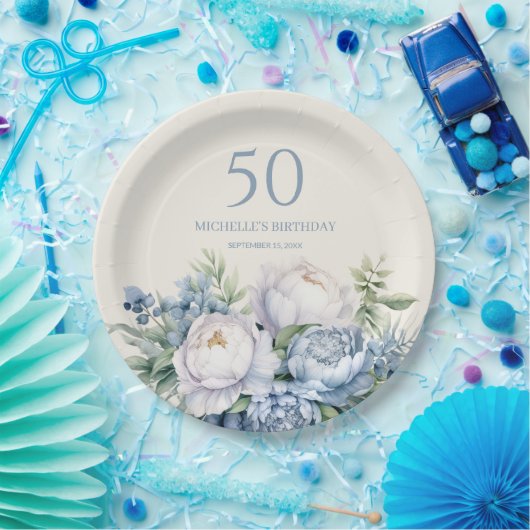 ダスティーエレガントブルーホワイトフローラ50番目の誕生日名 ペーパープレート (パーティー)