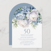 ダスティーエレガントブルーホワイトフローラ50th誕生日アーチ 招待状 (正面/裏面)