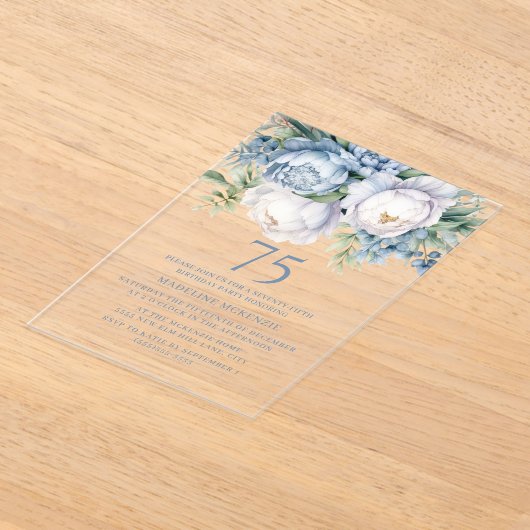 ダスティーエレガントブルーホワイトフローラ75th誕生日 アクリル招待状 (レイダウン)