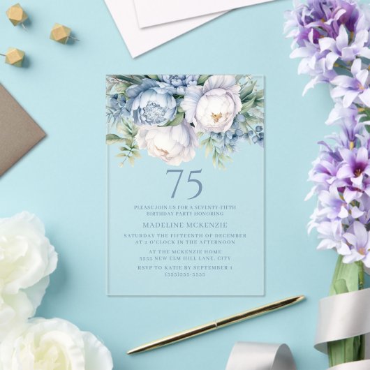 ダスティーエレガントブルーホワイトフローラ75th誕生日 アクリル招待状 (インサイチュ (ウェディング))