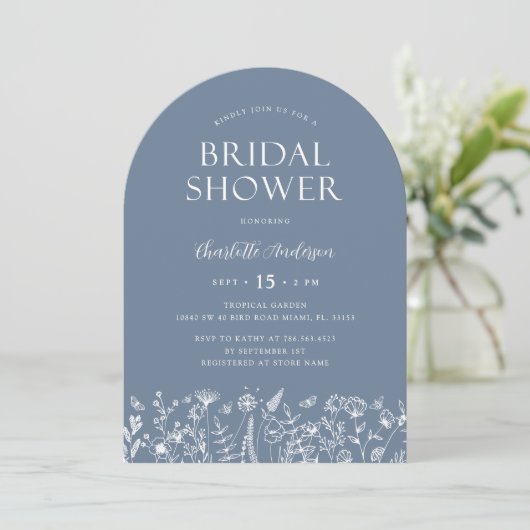 ダスティーエレガントブルーボタニカルブライダルシャワー 招待状 (スタンド正面)