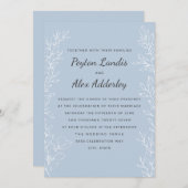 ダスティーエレガントブルーボタニカルラインアート結婚ズ 招待状 (正面/裏面)