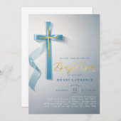 ダスティーエレガントブルーボーイバプテスマ招待状 招待状 (正面/裏面)