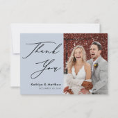 ダスティーエレガントブルーモダンスト写真結婚の数 サンキューカード (正面)