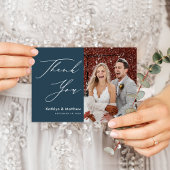 ダスティーエレガントブルーモダンスト写真結婚の数 サンキューカード