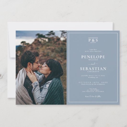 ダスティーエレガントブルーモノグラムシンプルフォト結婚ズ 招待状 (正面)