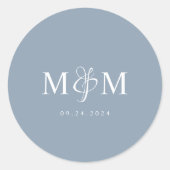 ダスティーエレガントブルーモノグラム結婚封筒用シール ラウンドシール (正面)