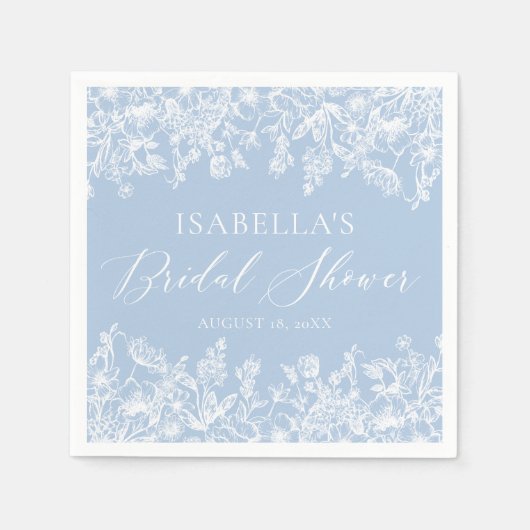 ダスティーエレガントブルーワイルドフラワーズブライダルシャワー スタンダードカクテルナプキン (正面)
