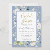 ダスティーエレガントブルーワイルドフラワーズブライダルシャワー 招待状 (正面)