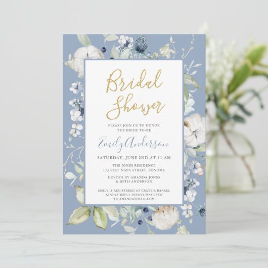 ダスティーエレガントブルーワイルドフラワーズブライダルシャワー 招待状 (スタンド正面)