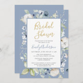 ダスティーエレガントブルーワイルドフラワーズブライダルシャワー 招待状 (正面/裏面)
