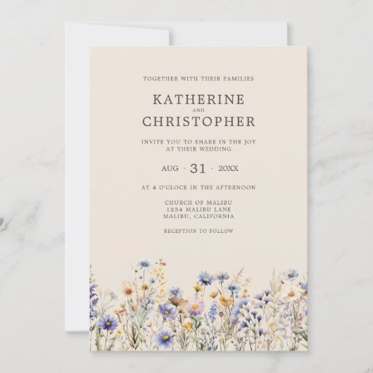 ダスティーエレガントブルーワイルドフラワーバジェットベージュ結婚ズ 招待状 (正面)
