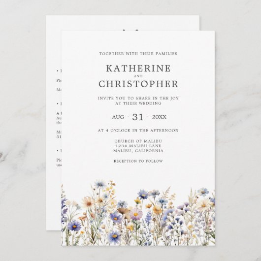 ダスティーエレガントブルーワイルドフラワーバジェット結婚ズ 招待状 (正面/裏面)