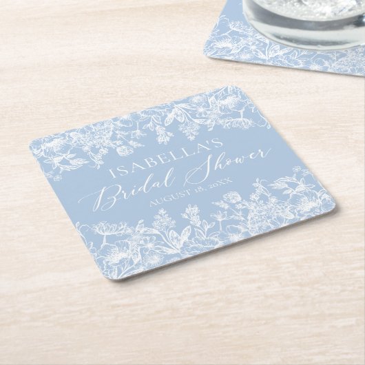 ダスティーエレガントブルーワイルドフラワーブライダルシャワー スクエアペーパーコースター (アングル)
