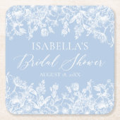 ダスティーエレガントブルーワイルドフラワーブライダルシャワー スクエアペーパーコースター (正面)