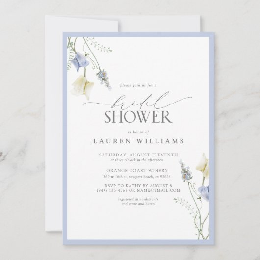 ダスティーエレガントブルーワイルドフラワーブライダルシャワー 招待状 (正面)