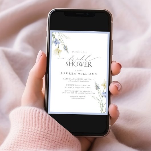 ダスティーエレガントブルーワイルドフラワーブライダルシャワー 招待状