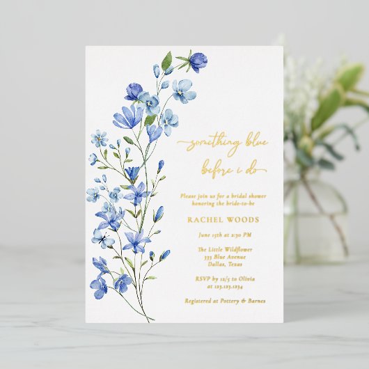 ダスティーエレガントブルーワイルドフラワーブライダルシャワー 箔招待状 (立ち正面)