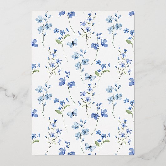 ダスティーエレガントブルーワイルドフラワーブライダルシャワー 箔招待状 (裏面)