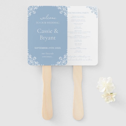 ダスティーエレガントブルーヴィンテージ結婚式プログラムファン ハンドファン (正面&裏面)