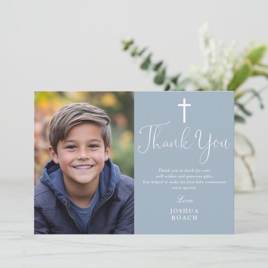 ダスティーエレガントブルー写真第1聖餐式 サンキューカード (スタンド正面)