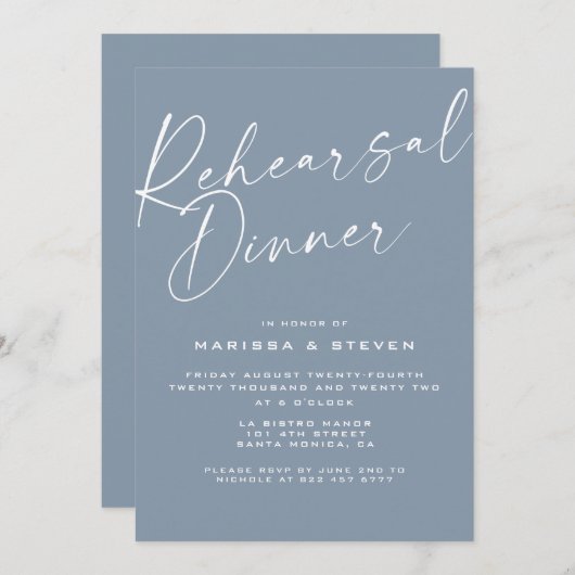 ダスティーエレガントブルー書道リハーサルディナー 招待状 (正面/裏面)