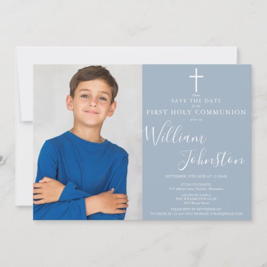 ダスティーエレガントブルー第一聖餐式の写真 セーブザデート (正面)